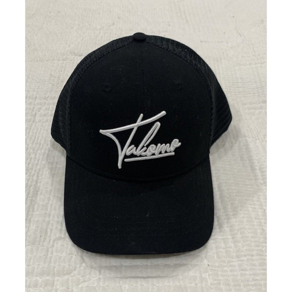 Takomo Golf Trucker Hat Black White Script Logo 6-Panel Mesh Snapback Cap